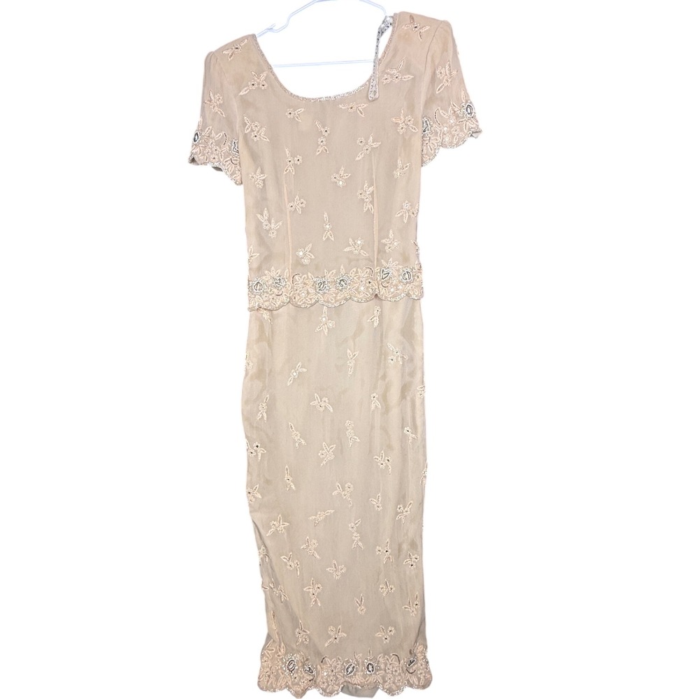 Stenay 1980s Vintage Silk Beaded Floral Maxi Gown Champagne Size 8 Evening